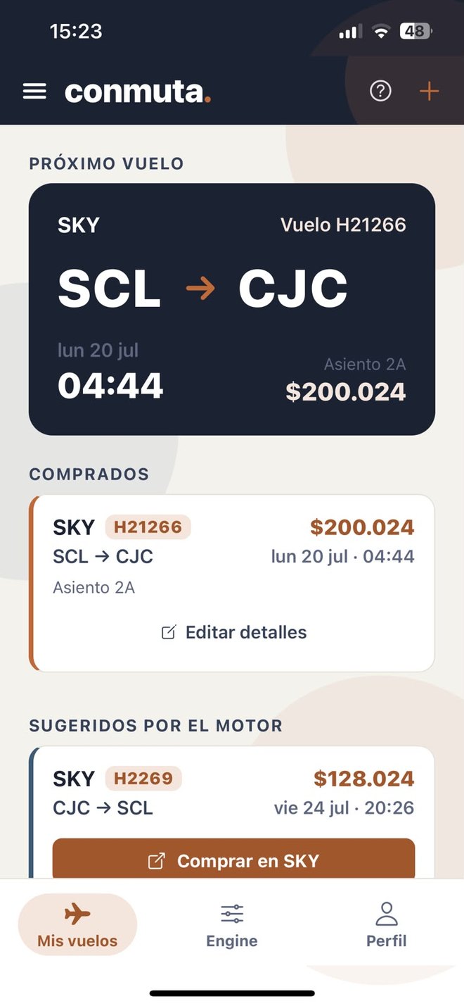 Pantalla de Conmuta: próximo vuelo SCL a CJC, vuelos comprados y sugeridos por el motor