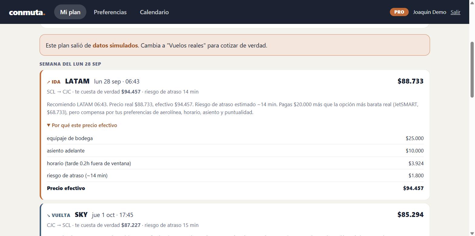 El plan de Conmuta en el navegador, con el desglose del precio efectivo de un vuelo